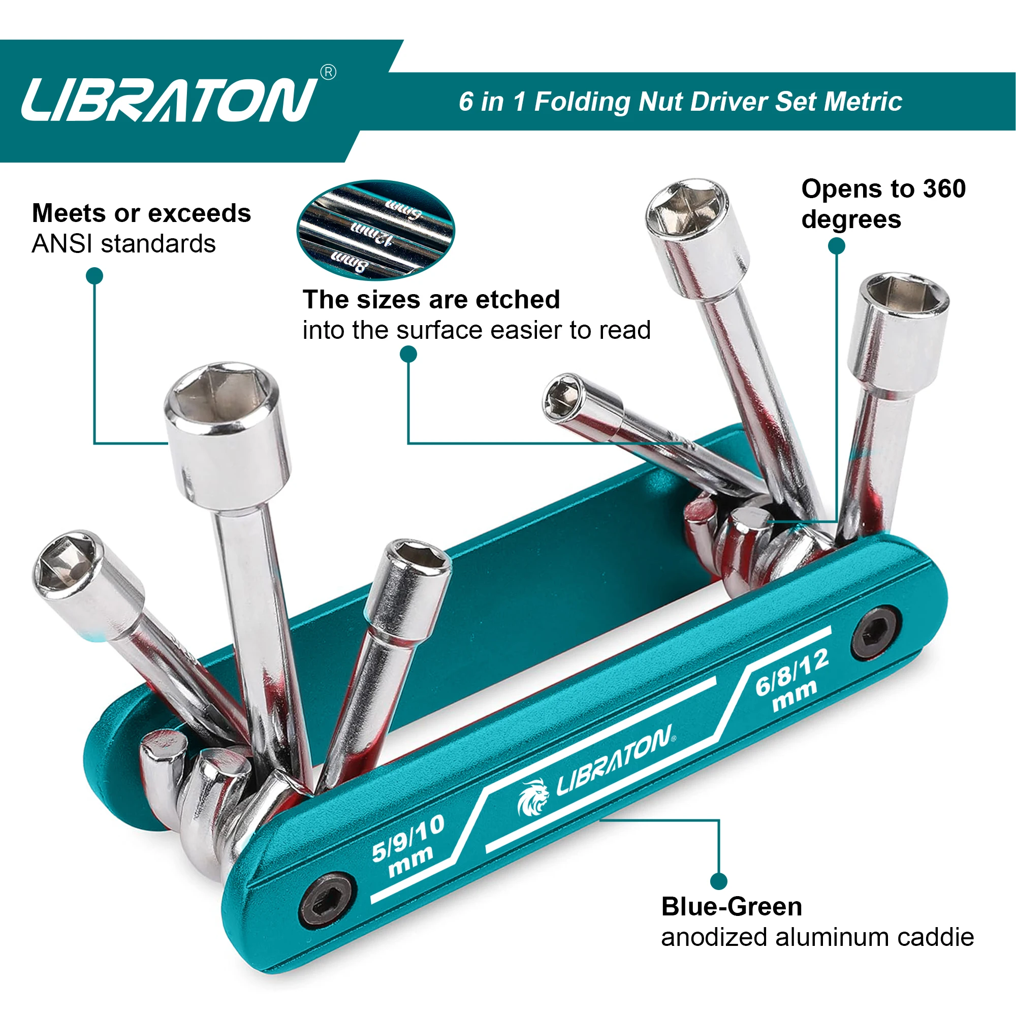 LIBRATON 6 in 1 Folding Nut Driver Set Metric Hex Nut Driver Folding Socket Wrench Cr-V Shank Portable Premium Aluminum Handle