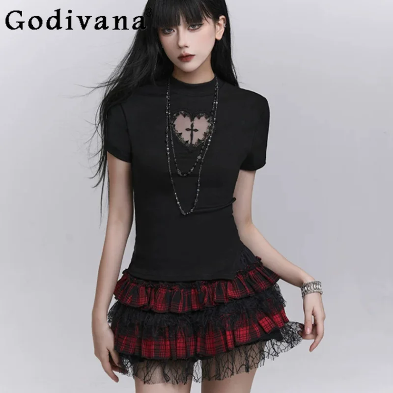 Dark Unique Black Short Sleeve Women Summer Sweet Cool T-Shirt Subculture Sexy Versatile Age Reduction A-line Cake Pumpkin Skirt