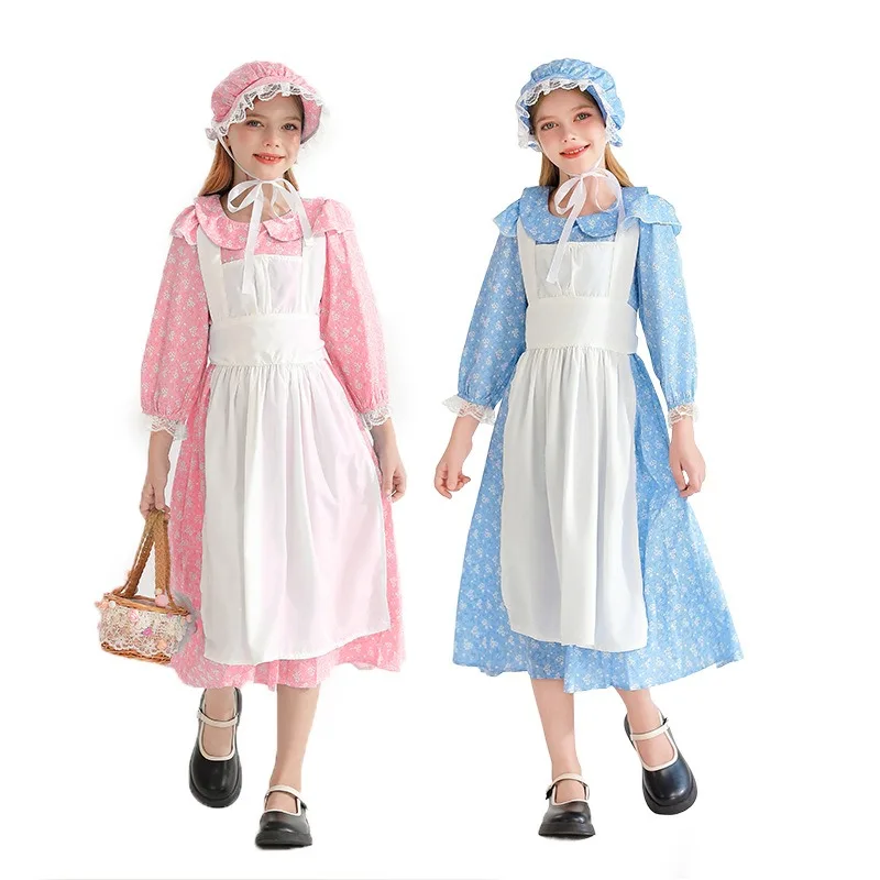 Medieval cosplay costume maid print long sleeved dress apron three piece set holiday theme party role playing outfits for girls