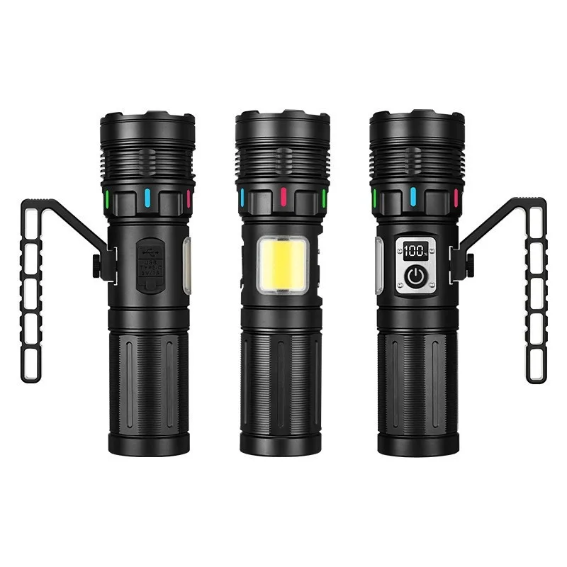 High-Power White Laser Zoom Searchlight: Ultra-Bright, USB Rechargeable, Digital Display, Alloy Handheld Flashlight
