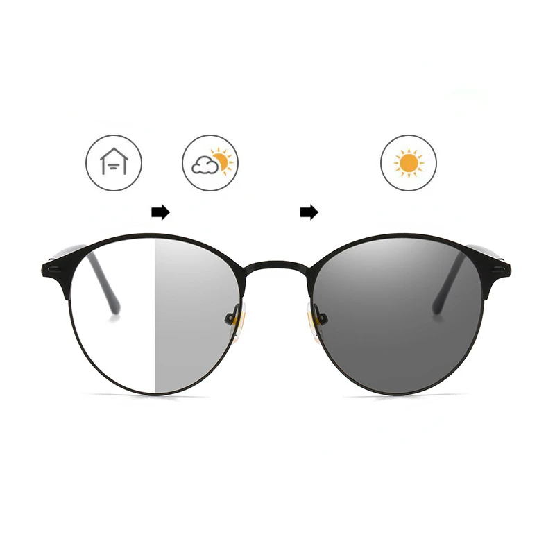 Photochromic Sun Glasses Retro Round Frame Glasses Metal Frame Color Changing Glasses