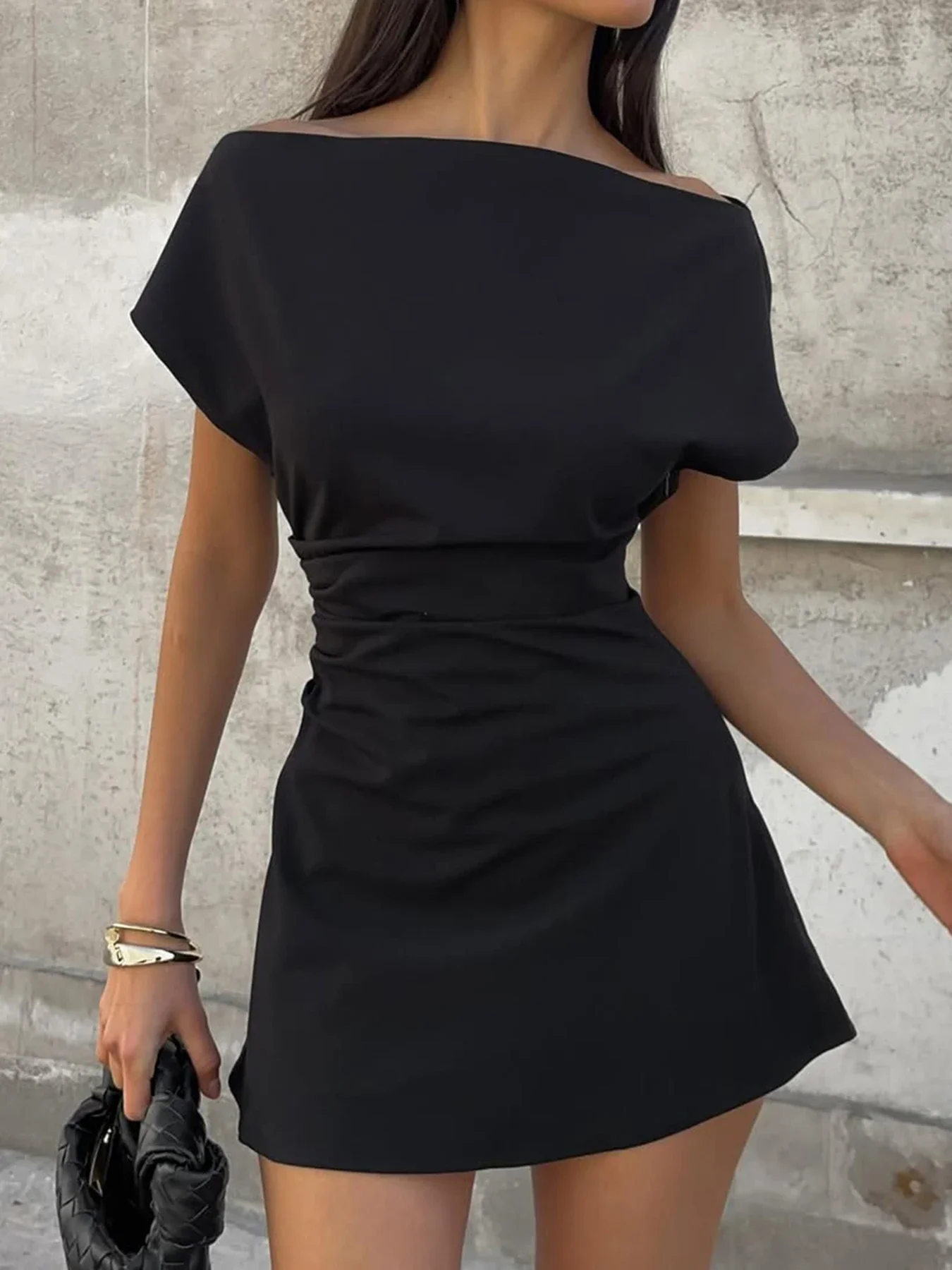

FDEY Fashion Chic Solid Skew Collar Slim Fit Women Dresses Mini A-Line Causal Simple Black Short Frocks