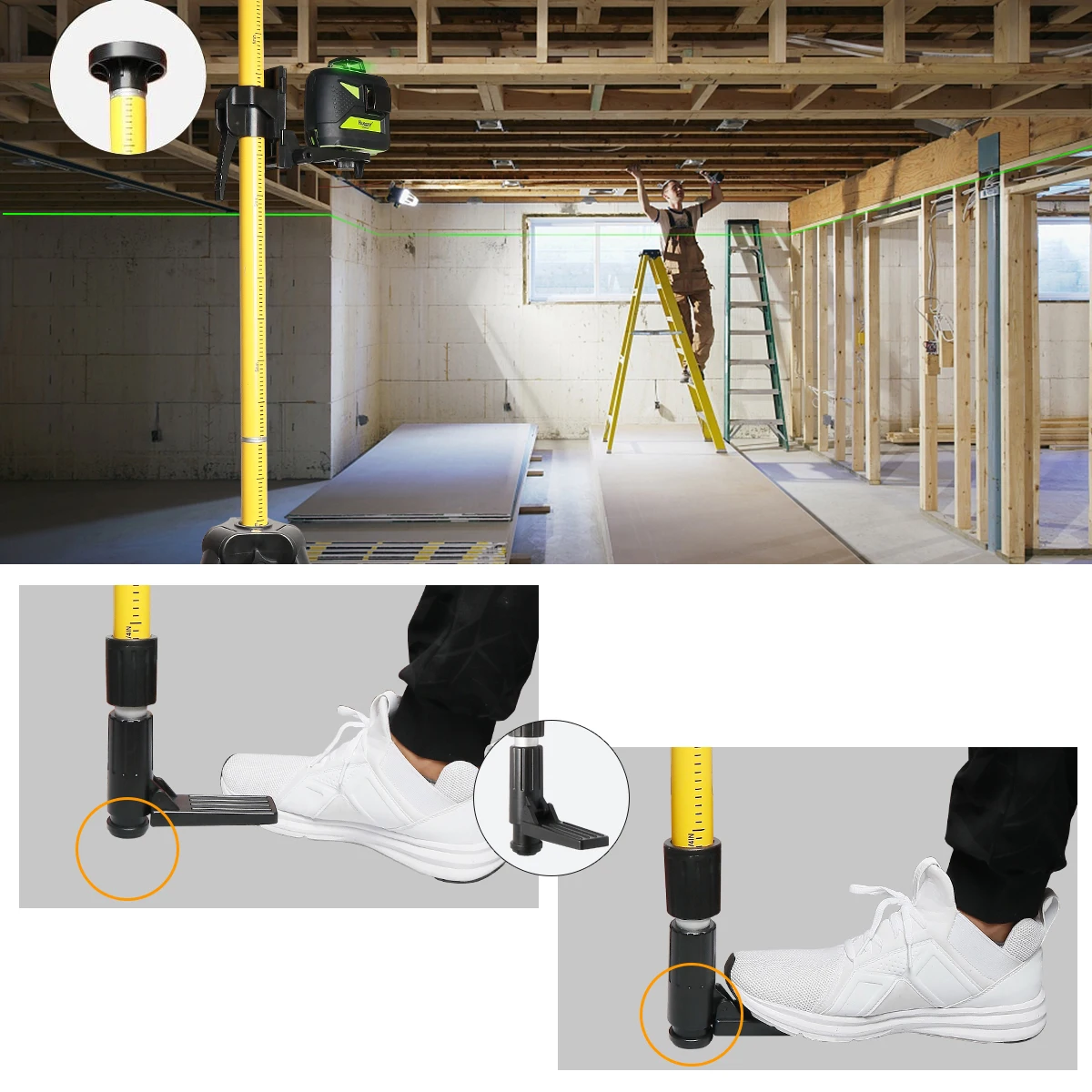 Huepar 12 Ft./3.7m Telescoping Pole with 1/4-Inch by 20-Inch Laser Mount for Rotary and Line Laser Level ncluded Rod & 5/8\