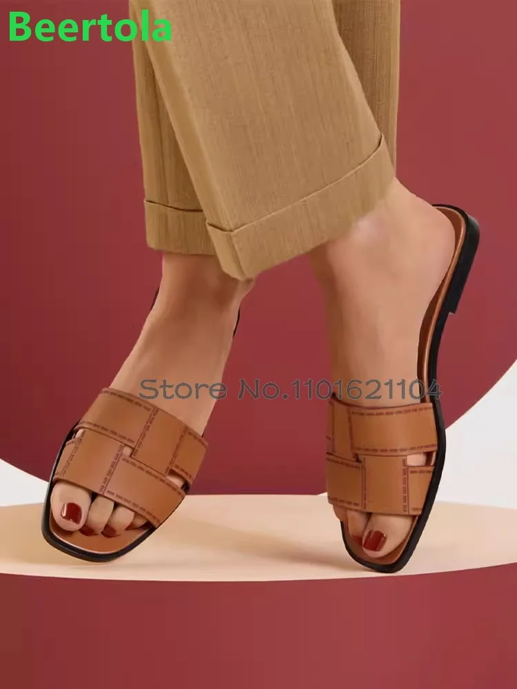 Hollow Outside Flat Slippers For Female Women 2024 Summer New Square Toe Tourist Vacation Beach Mules Solid Fashion Luxury Shoes