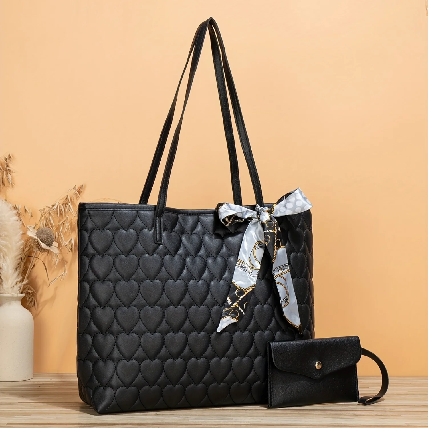 

Black Heart Quilted Tote Bag Set - Stylish Shoulder Bag with Mini Purse for Fashion-Forward Women