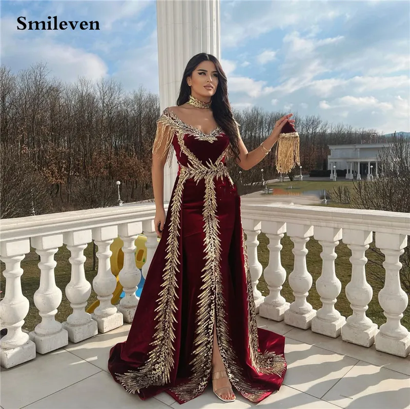 

Smileven Burgundy Algeria Caftan Evening Dress Gold Lace Cap Sleeve Elegant Mermaid Velvet Arabic Prom Gowns Party Dress