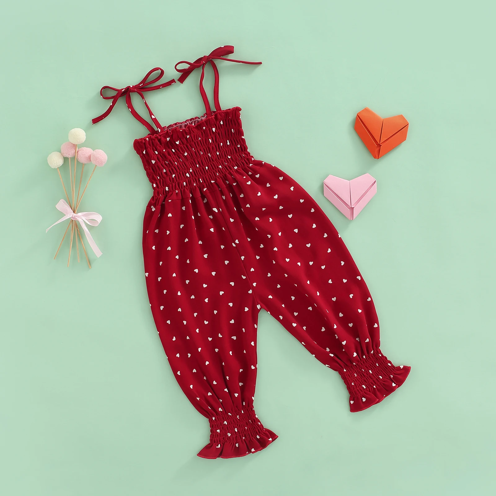 2022-03-04 Lioraitiin 0-4Years Toddler Girl Sling Jumpsuit Heart/Leopard Printed Pleated Tie-Up Simple Style Overalls Romper