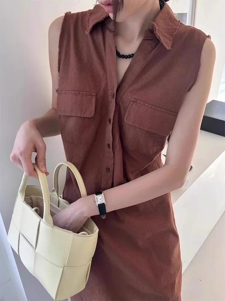 

Retro Collar Vest Dress With Women's Summer Double Pocket Design, Worn Out And Slimming Dress With Belt