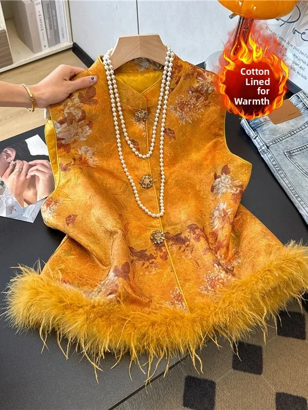 

Chinese Sle Stand Collar Bird Feather Patchwork Cotton Warm Vest Autumn Winter New Arrival Svel Embroidered Faion W...