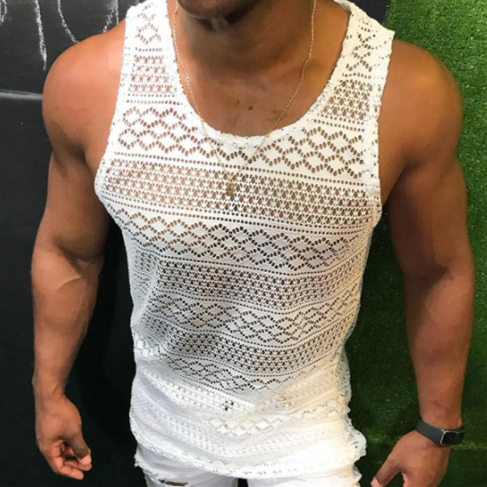 Men\'s Tank Top Hollow Breathable Vest Summer See Through Vest Crewneck Sleeveless Tank Tops Muscle Sexy Mesh Shirts Fitness Vest