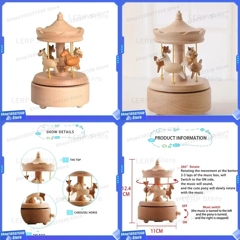 Vintage Clockwork Mechanical Music Box Dancing Carousel Horse Toy Wind Up Novelty Gift for Kids Birthday Party Decoration