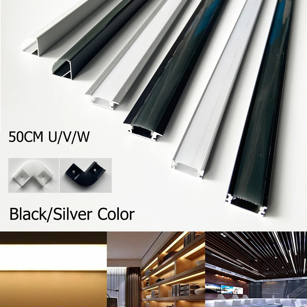 0.5m/Pcs Black V/U/YW Style LED Aluminum Profile For 5050 5630 Channel Holder Milky Cover Cabinet Closet Linear Bar Strip Lights