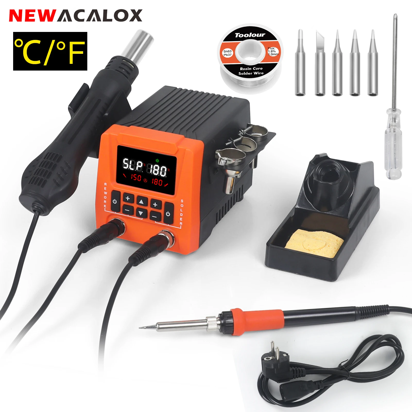 NEWACALOX Digital Soldering Station Kit with °C/ºF Conversion, 5 Soldering Tips, 3 Hot Air Nozzles for Electronic Repair