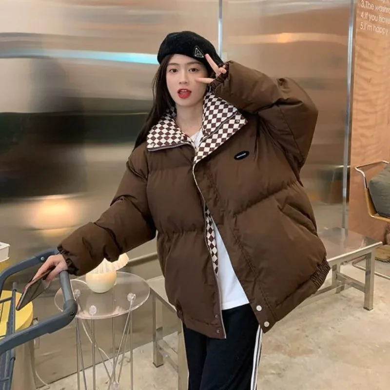 Y2K Korean Style Checkerboard Collar Puffer Parka Women Oversized Loose Fit Thick Warm Lined 2026 New Winter Streetwear Outfit
