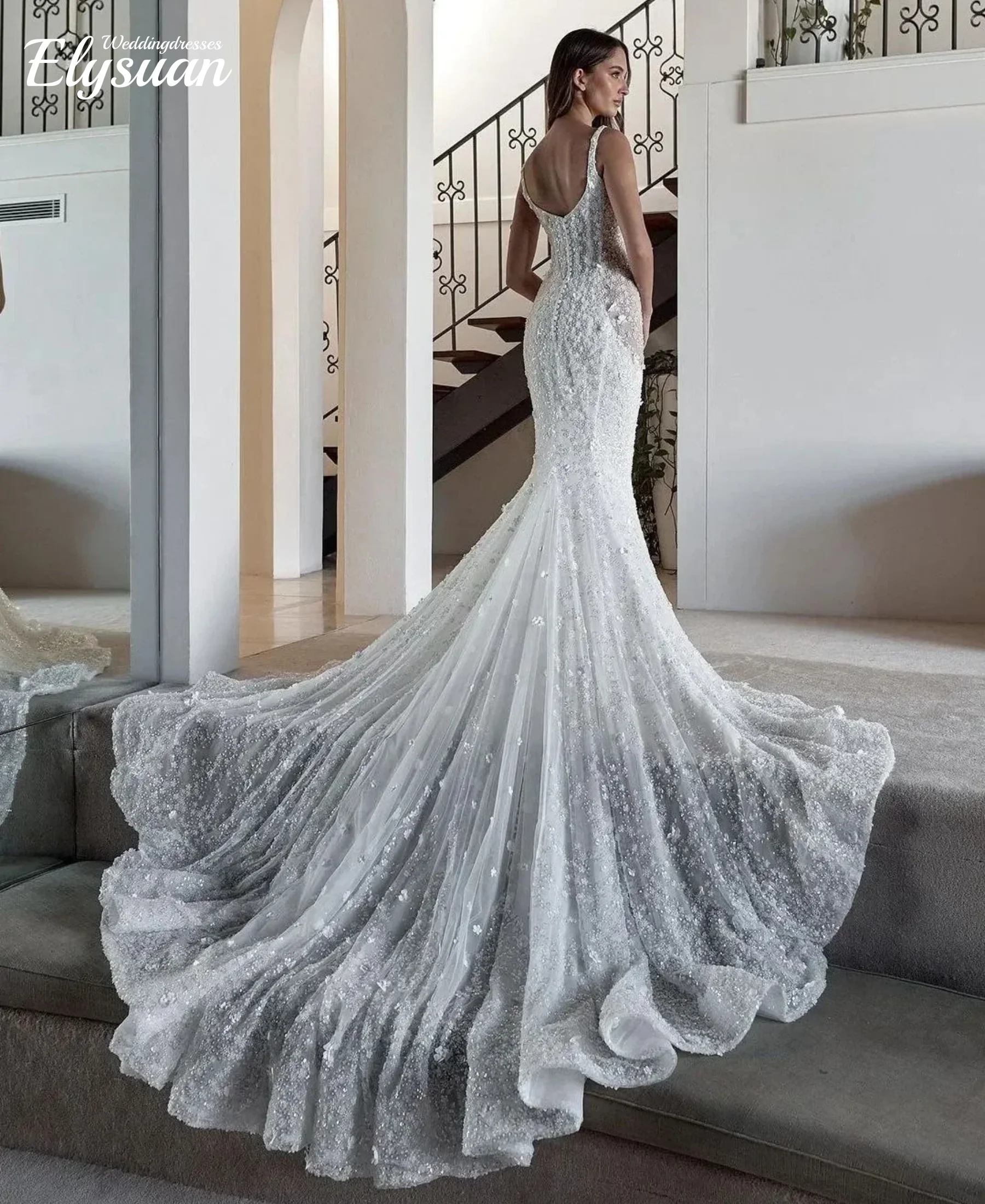 Customized  Mermaid  Wedding Dress Sweep Train Slim Fit Spaghetti  Appliques Sequins Bridal Gown Dresses vestidos de novia