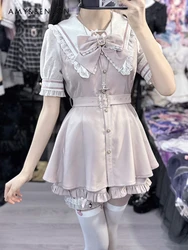 Japanese Mine Mass-Produced Sailor Collar Dress Sets Summer Sweet Bow Short Sleeve Slim Mini Dress Wide Leg Pants Two-Piece Set