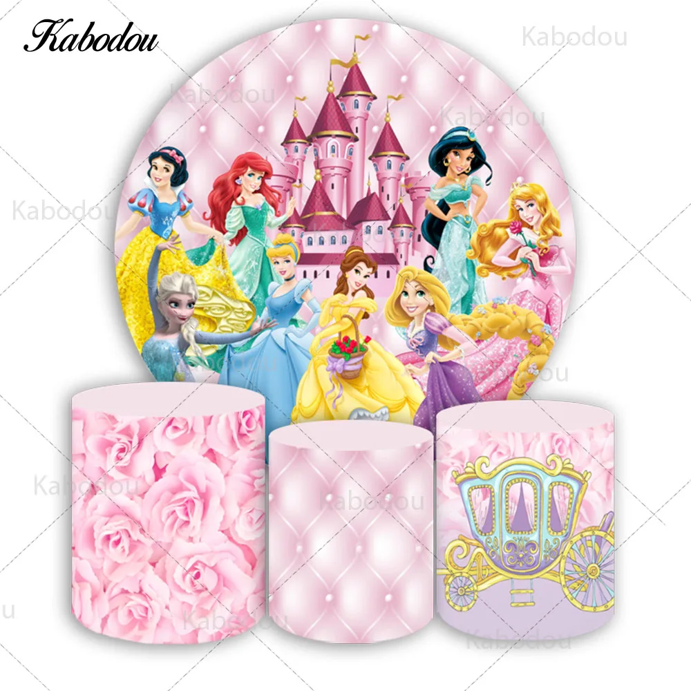 Disney Princess Circle Photo Backdrop Girls Birthday Party Cinderella Ariel Belle Round Photography Background Cylinder Covers