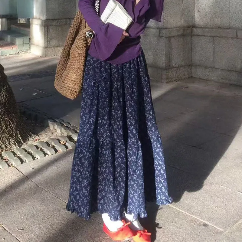 New Elegant Dark Blue Floral Women High-Waisted Retro Blue Floral Skirt Female A-line Skirt Casual Lazy Wind Long Skirt