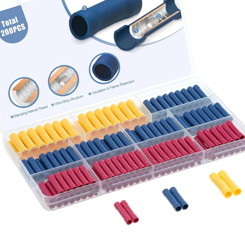 

AB46-200Pcs Wire Butt Splice Connectors Kit, 22-10 AWG Electrical Crimp Terminal Connector Fully Insulated Wiring