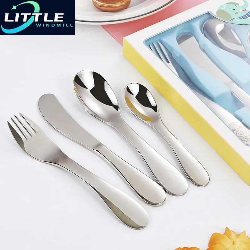 Stainless Steel Kid Cutlery Cartoon Pattern Carving Children Tableware Western-style Spoon Fork Set Baby Flatware Dinnerware