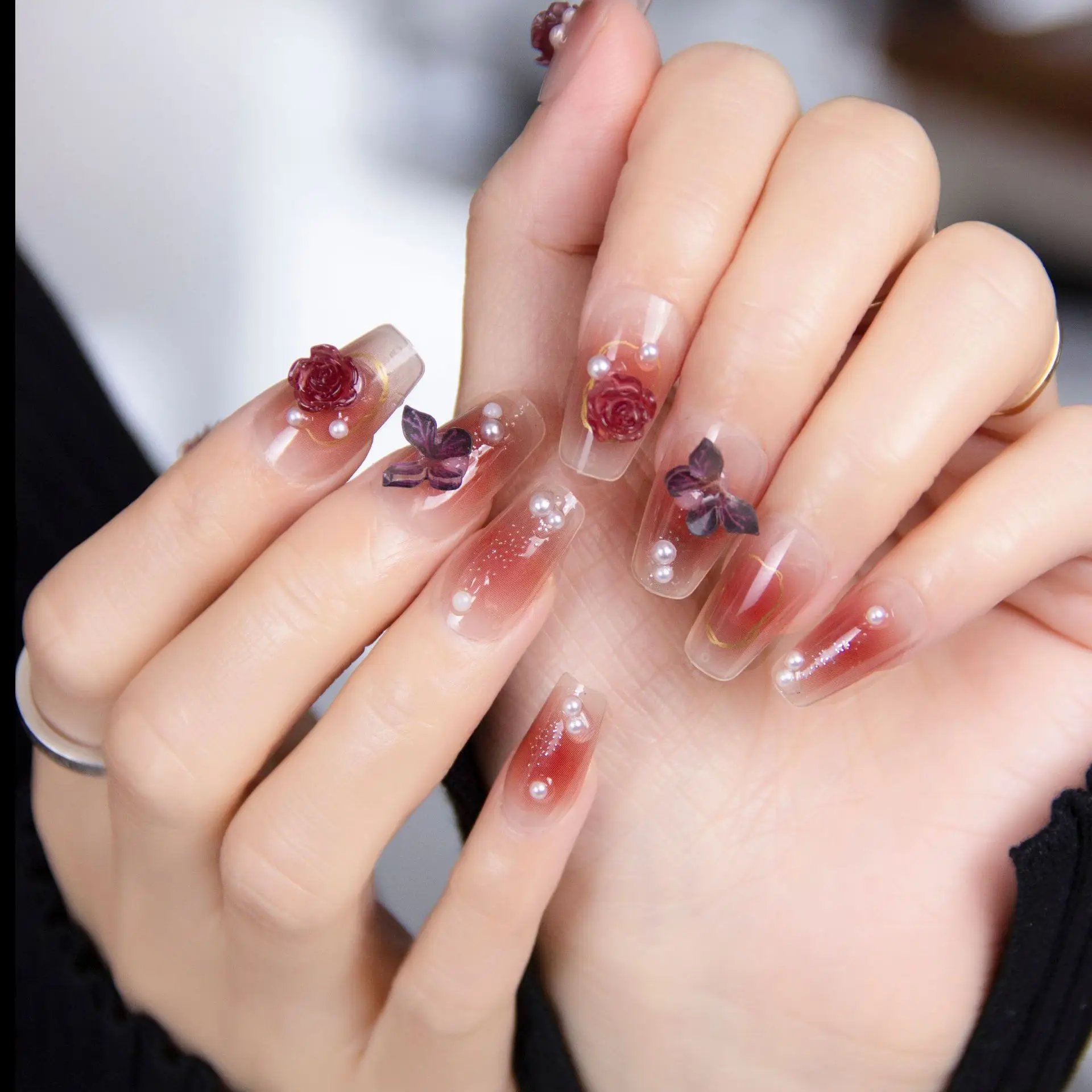 

24pcs Wine Red and Icy Nails Butterfly Camellia Press on Nail Middle Ladder False Nail for Women&Girl Full Coverage Nail Tips