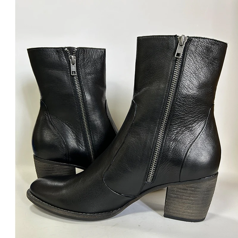 Soft Cow Leather Inside Zip Women Ankle Boots Point Toe Washed Stacked Mid Heel Rub Finish