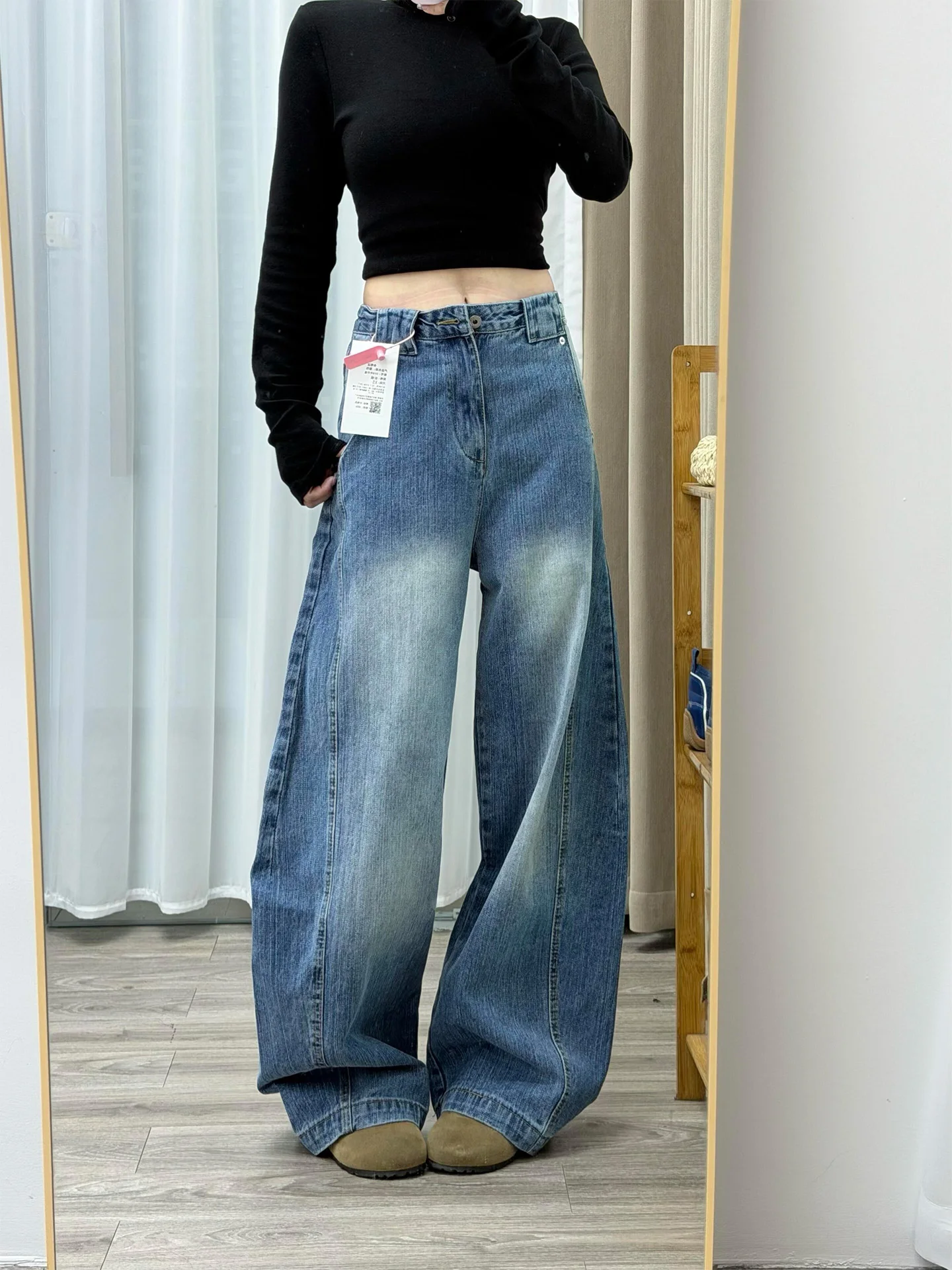 

Свободные широкие джинсы с высокой талией, женские большие размеры, осень-зима, новые джинсовые брюки для похудения груши в стиле аpe, американские сле