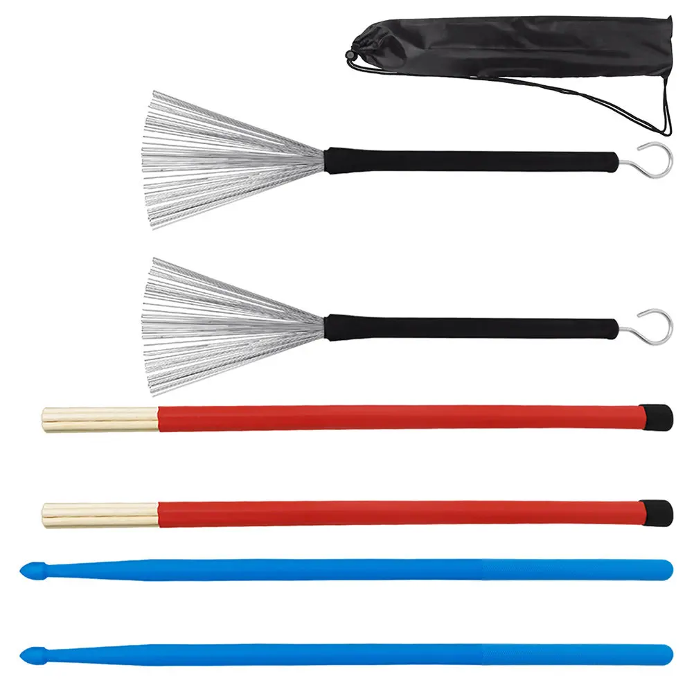 

1Set Professional Drumstick and Drum Brush Set Nonslip Comfort Grip Performance Drumsticks Nylon Tips Steel Wire Brushes Musical