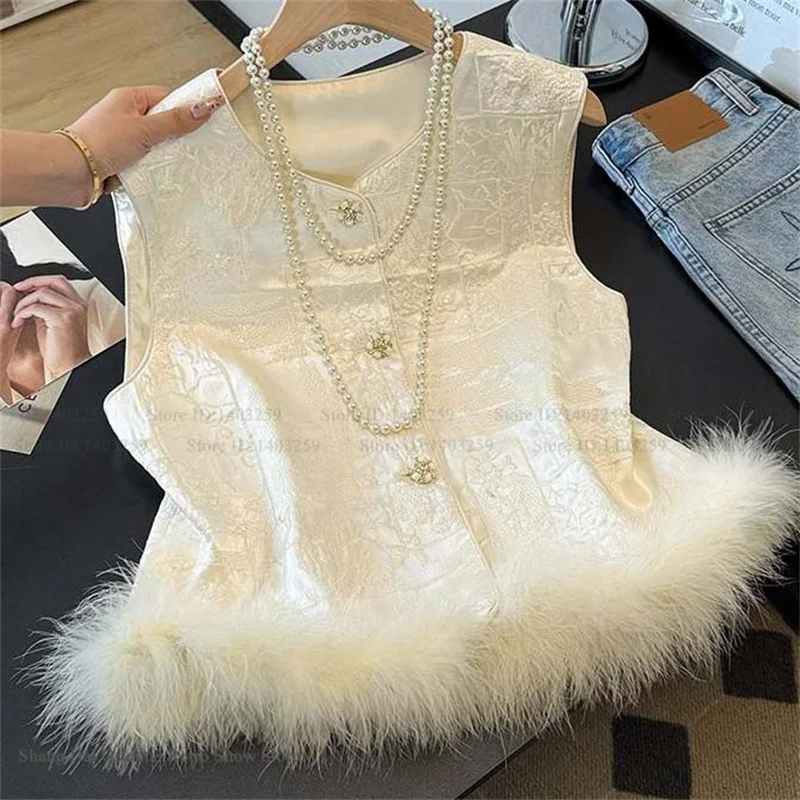 Stylish Chinese Style Women's Jacket Tang Costume Tops Thicken Plush Edge Cheongsam Vest Retro Sleeveless Coat Eastical Clothes