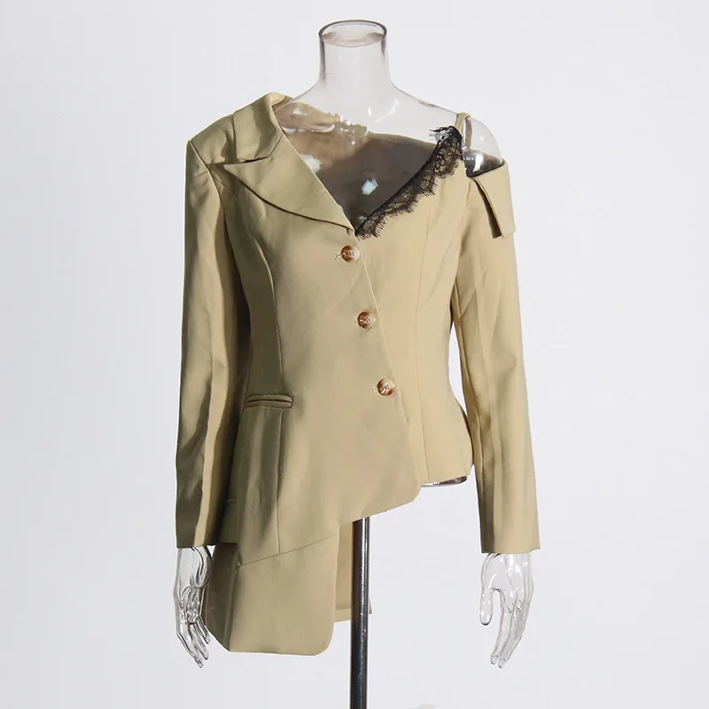 Europese en Amerikaanse lichte en volwassen stijl onregelmatig kanten splitspak 2025, zomer nieuw temperament off-the-shoulder ontwerp bl