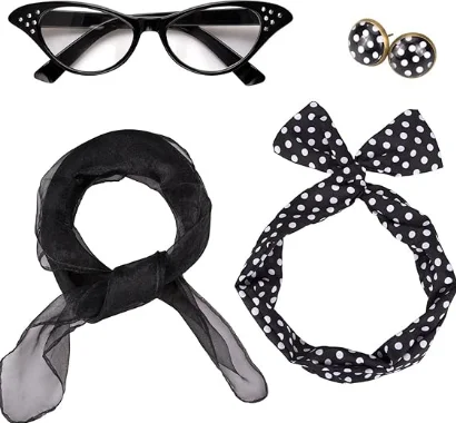 PESENAR 4 Pieces Women Retro 50's Costume Accessory Set Polka Dot Style Eyeglasses 1950s Earrings Tie Headband Scarf