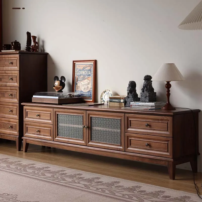 Solid wood TV cabinet North American black walnut hall cabinet Log retro storage locker Floor cabinet French living room 2