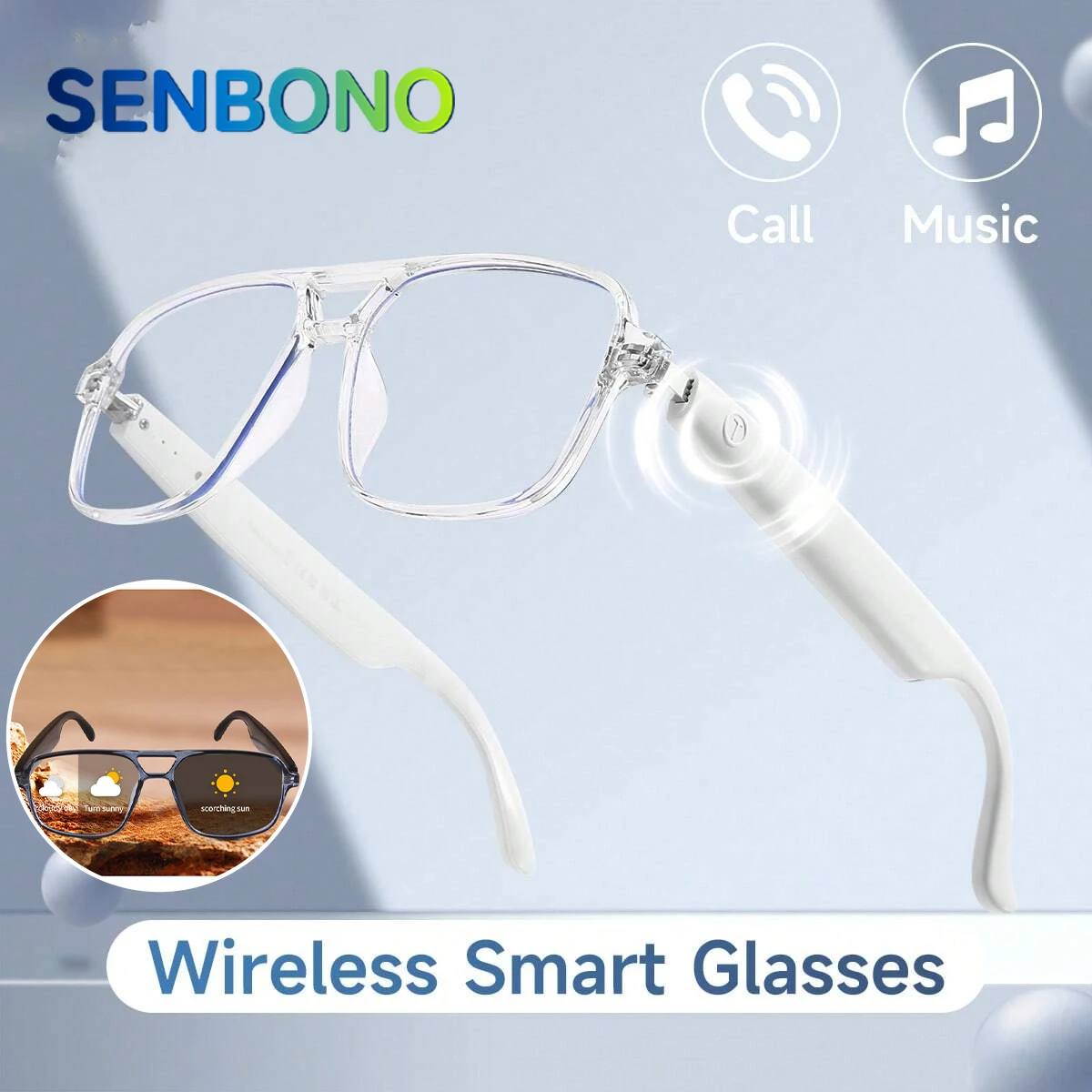 SENBONO Smart Glasses Wireless Audio Photochromic Glasses Anti-blue Light Voice Assistant Music Navigation Sunglasses Women Men