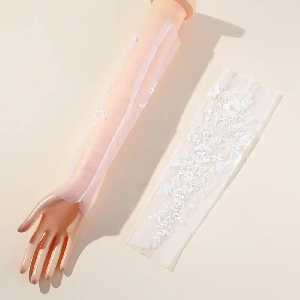 White Bridal Lace Gloves Fingerless Floral Mesh Sleeve For Wedding Evening Party Costume Elegant Women Decorative Handwear