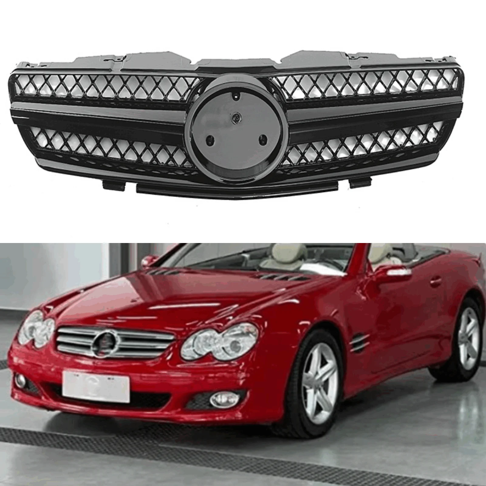 1x Front Grille Grill For Mercedes-Benz R230 SL-Class 2003-2006 GT Style Black Silver