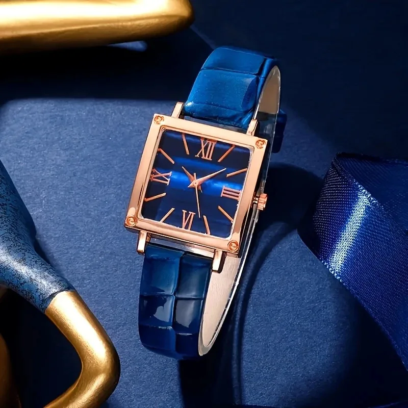 مجموعة ساعات أرقام رومانية مربعة وسوار من الأحجار الكريمة لوكس |   مجموعة أزياء أنيقة للنساء