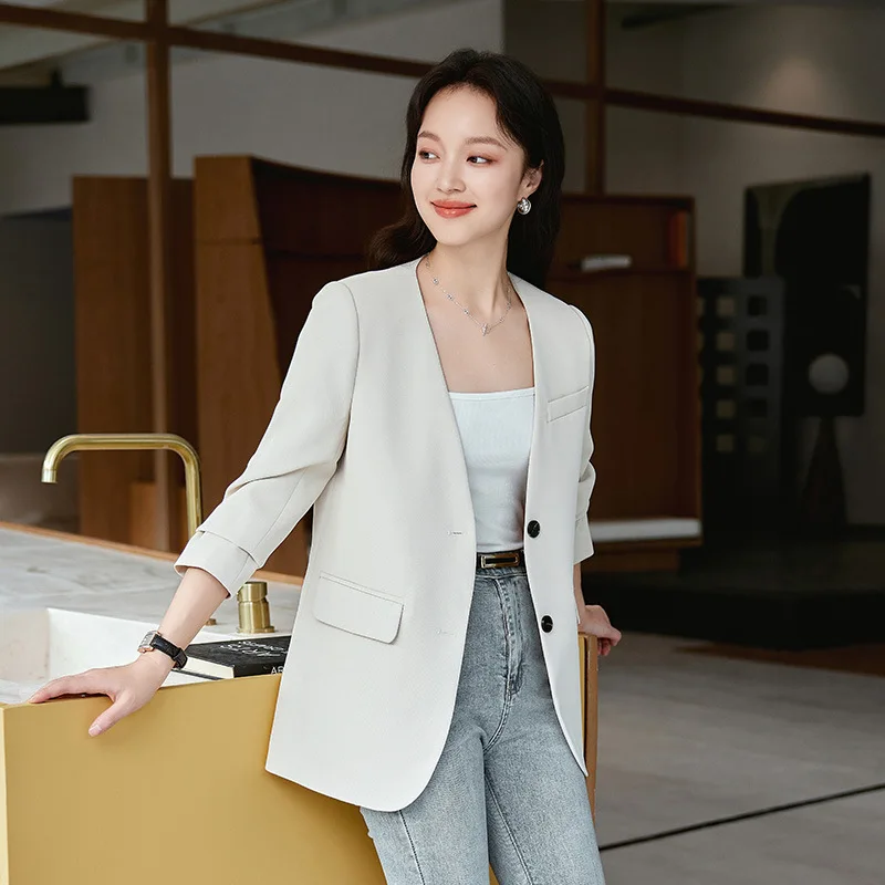 Blazer long de haute qualité pour femmes, simple boutonnage, col en V, nouvelle veste de bureau élégante à la mode, beige, noir, marron, automne 2025