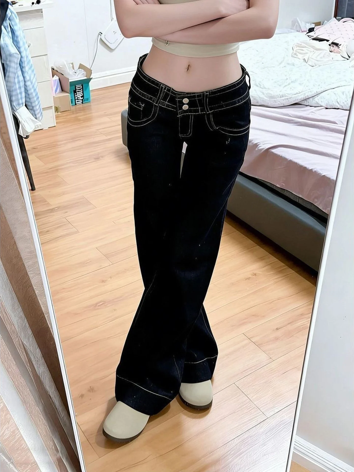 American Retro Denim Color Double Buckle Flared Jeans Women's Spicy Low Waist Loose Slimming Wide Leg Floor-Length Pants