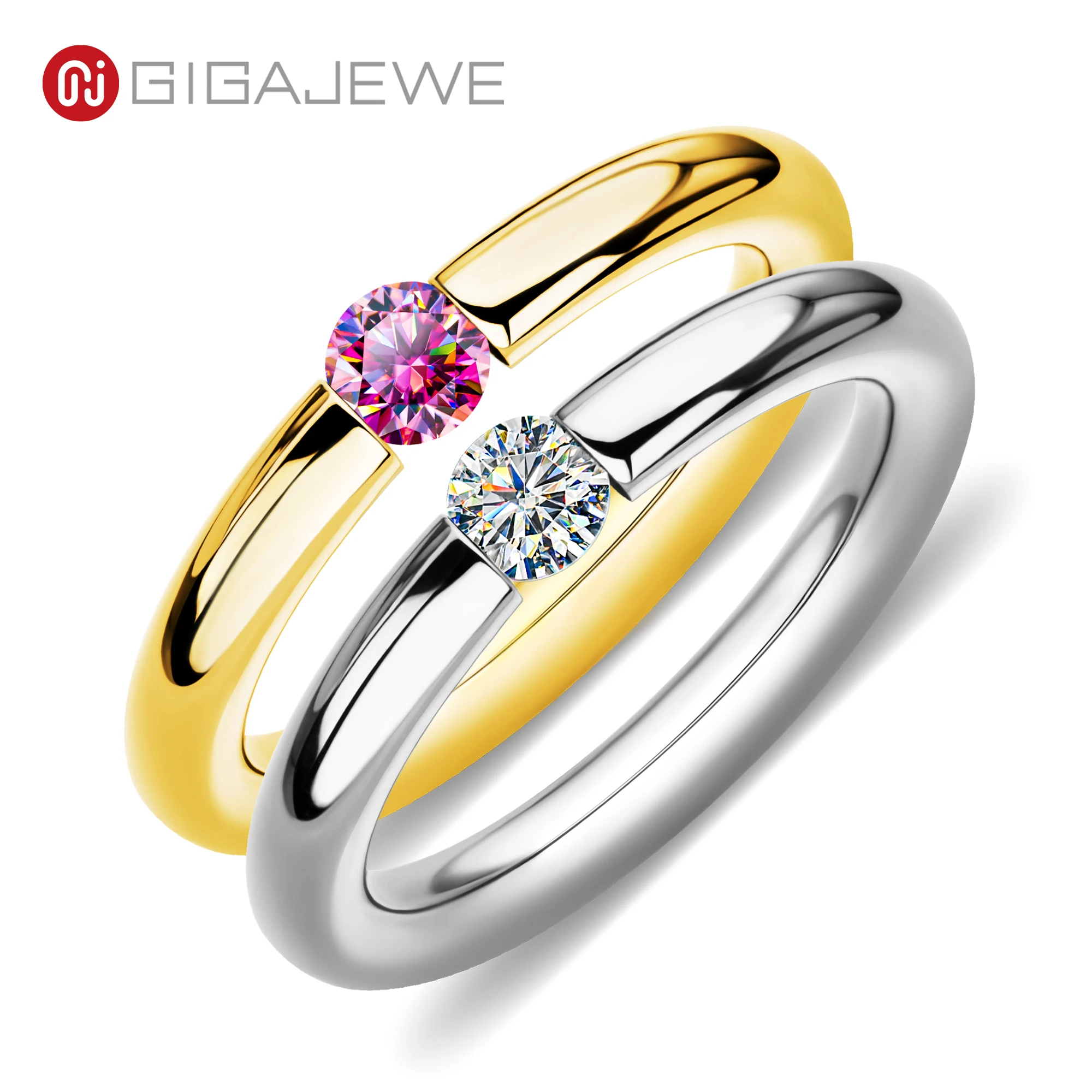 GIGAJEWE Moissanite 0.3ct 4mm Round Cut Nova Blue/Pink White Titanium Steel Ring Diamond Test Passed Fashion Claw Setting Gift