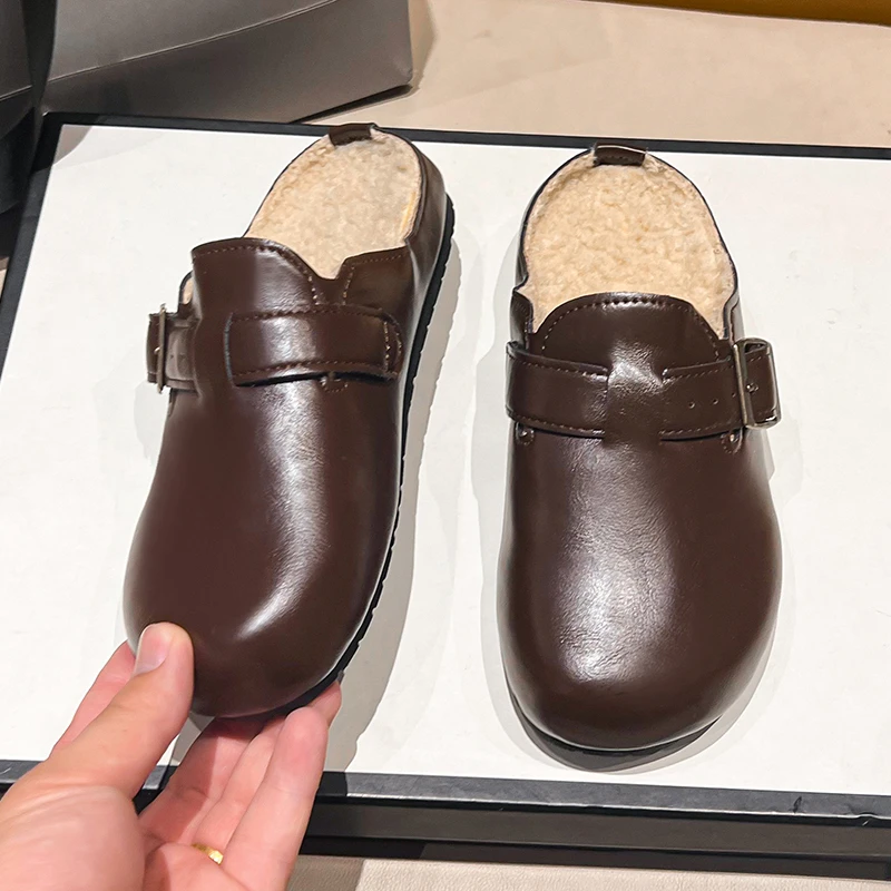 

Thick soled leather covered Boken shoes with half toe, women's 2025 new comfortable and versatile cotton slippers