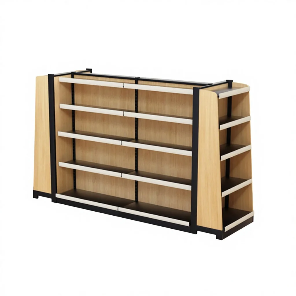 Custom Heavy Duty Wood Steel Double-Sided Powder Coated ISO9001 Certified Supermarket Shelf Display Rack Gondola