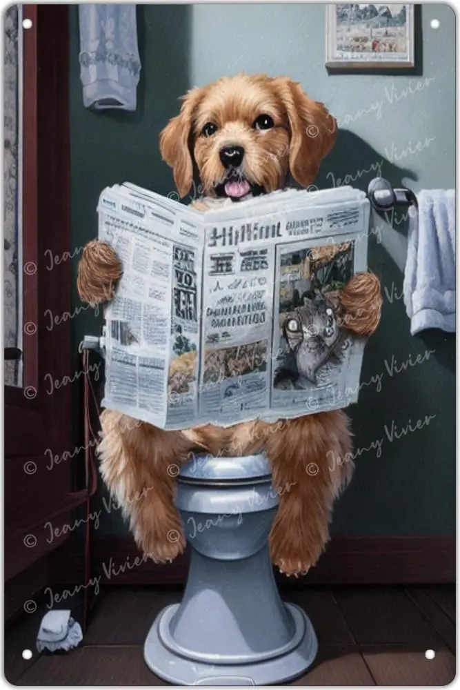 Golden Retriever Decor Reading The Newspaper On Toilet Metal Tin Sign Funny Bathroom Decor Dog Wall Art Retro Tin Sign for Ba