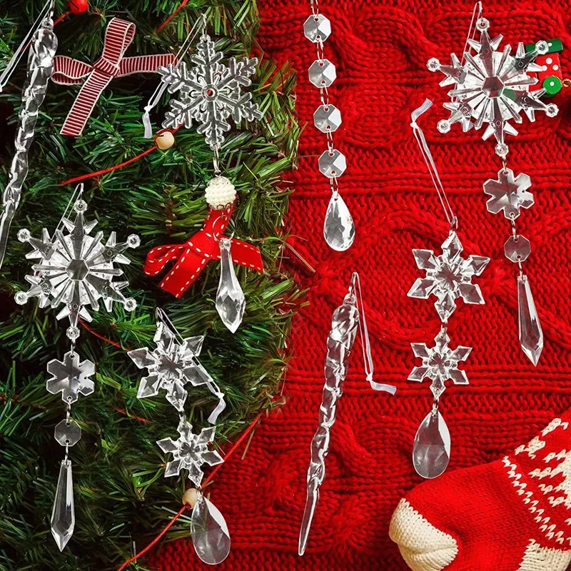 Acrílico Falso-Icicles Decoração De Natal Set, Pingentes De Floco De Neve, Xmas Tree Hanging Ornaments, Fácil de Usar, 10Pcs