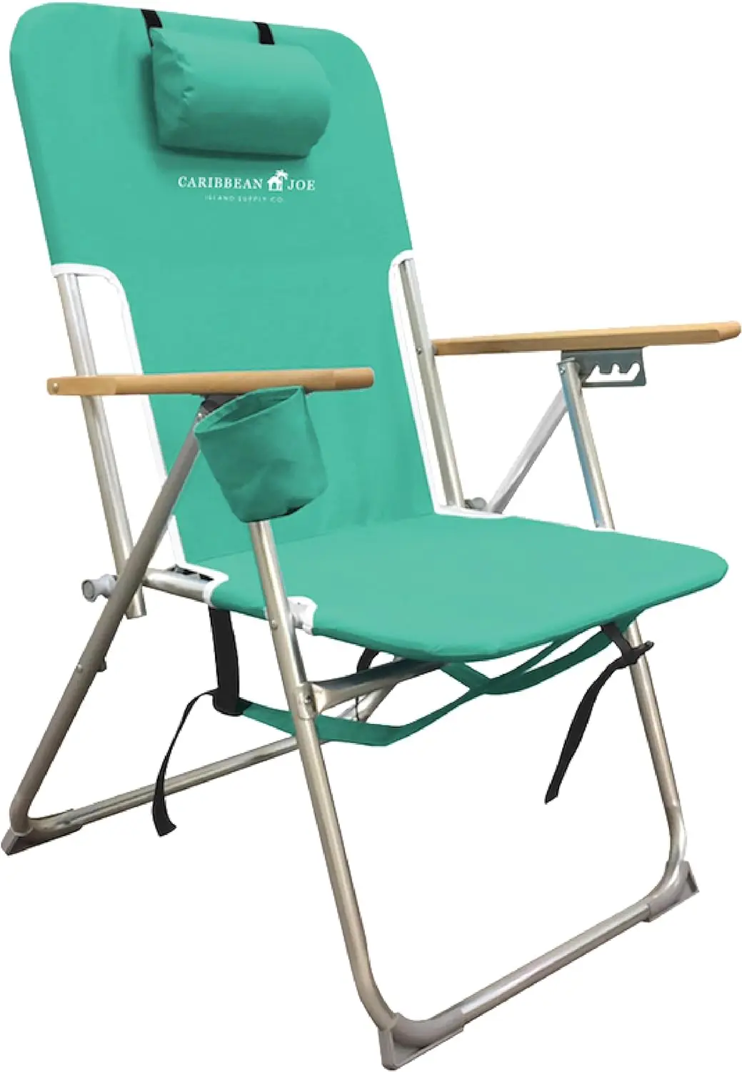 

Folding Beach Chair, 4 Position Portable Backpack Foldable Camping Chair with Headrest, Cup Holder, and Wooden Armrests