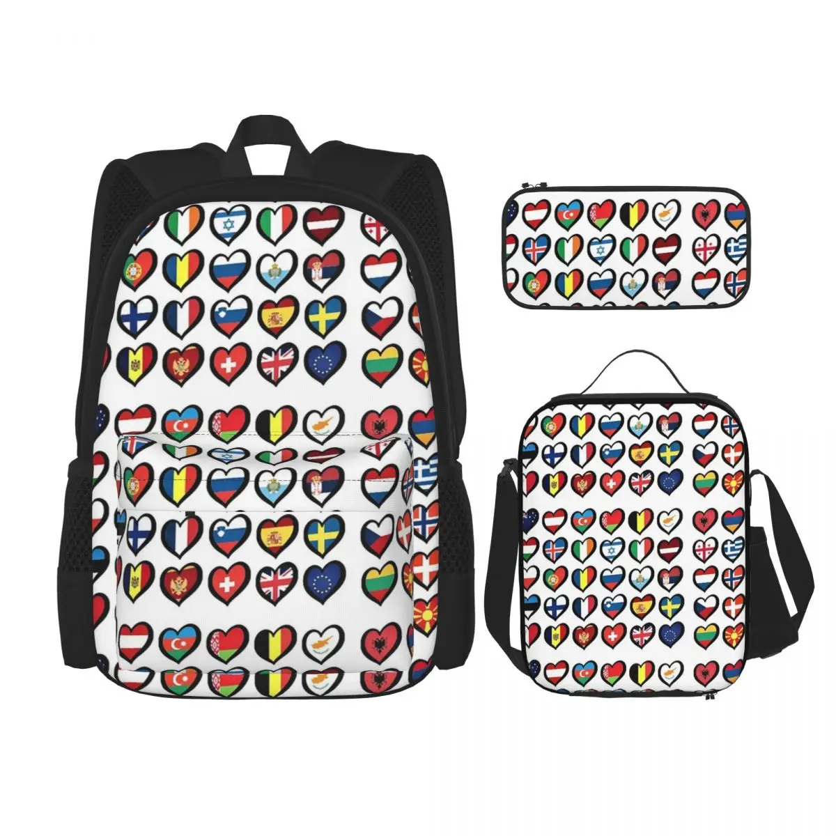 

Eurovision Song Contest Flags Hearts Backpack57 Backpacks Students School Bags Kids Rucksack Lunch Bag Pen Bag Three-Piece Set
