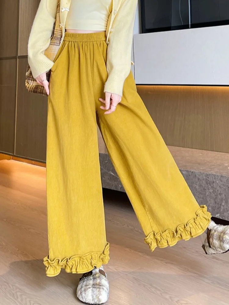 Spodnie sztruksowe damskie w kolorze cytrynowego żółtego, szerokie nogawki, jesienno-zimowe, słodkie, miękkie, z wysokim stanem, codzienne, proste nogawki.