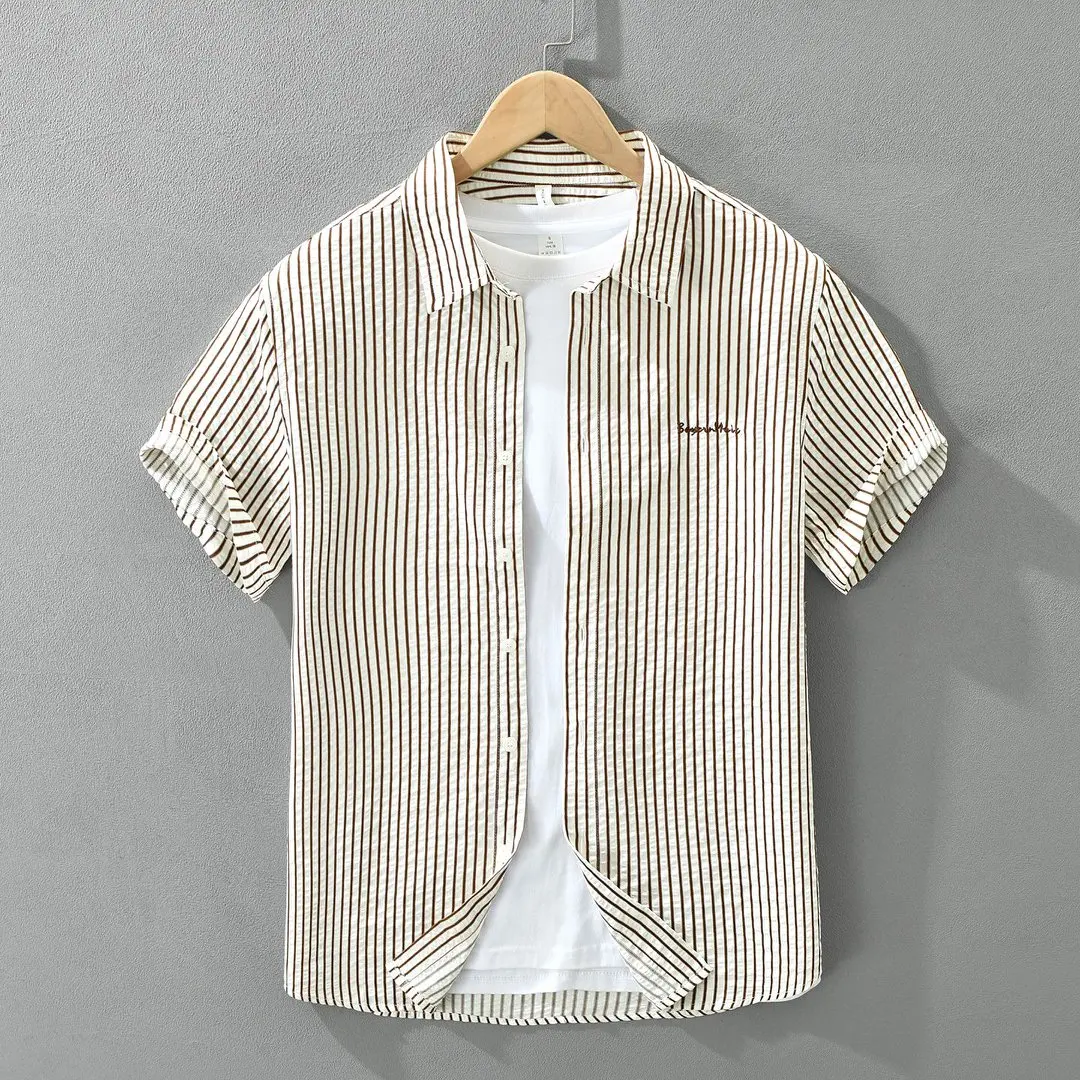 

2026 Summer New Short Sleeve Shirt for Men Casual Turn-down Collar Striped Shirts Male Plus Size Clothes