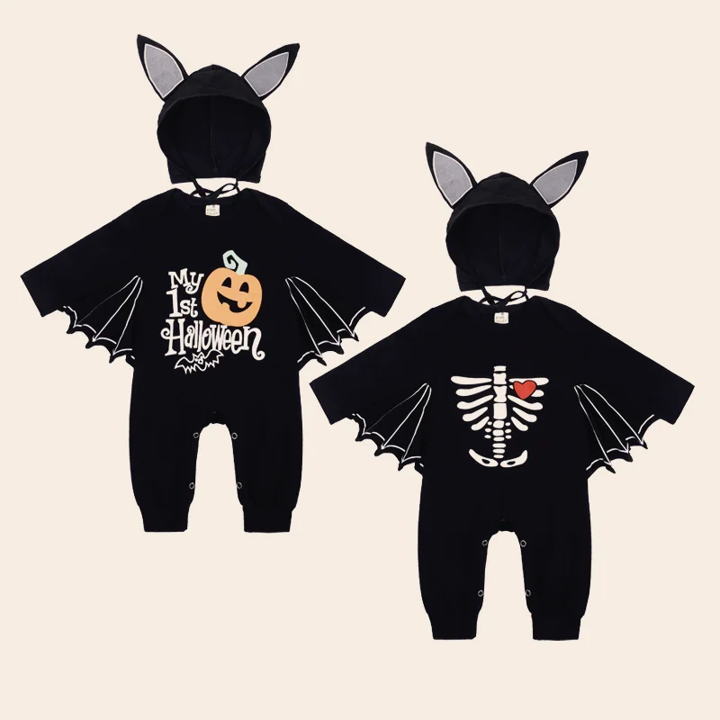 

New Halloween Kids Baby Girls Boys Batwing Sleeve Letter Pumpkin Print Infant Newborn Jumpsuits Cotton Romper Gift Hat with Ear