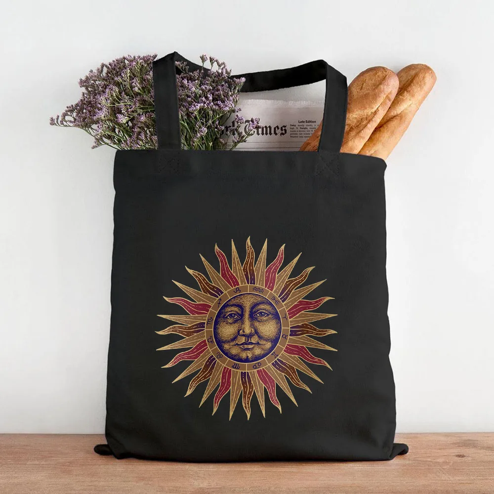 Vintage Celestial Golden Sun Face Moon Star Art Women Canvas Shoulder Bags Harajuku Handbag Tote Eco Shopper Cotton Shopping Bag