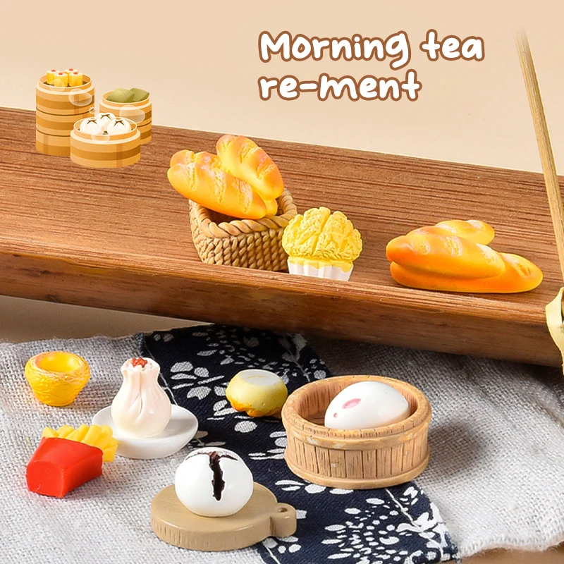 1Set 1:12 Dollhouse Miniature Cake Bread Egg Tart Teapot Basket Tray Breakfast Food Model Kitchen Decor Kid Pretend Play Toy